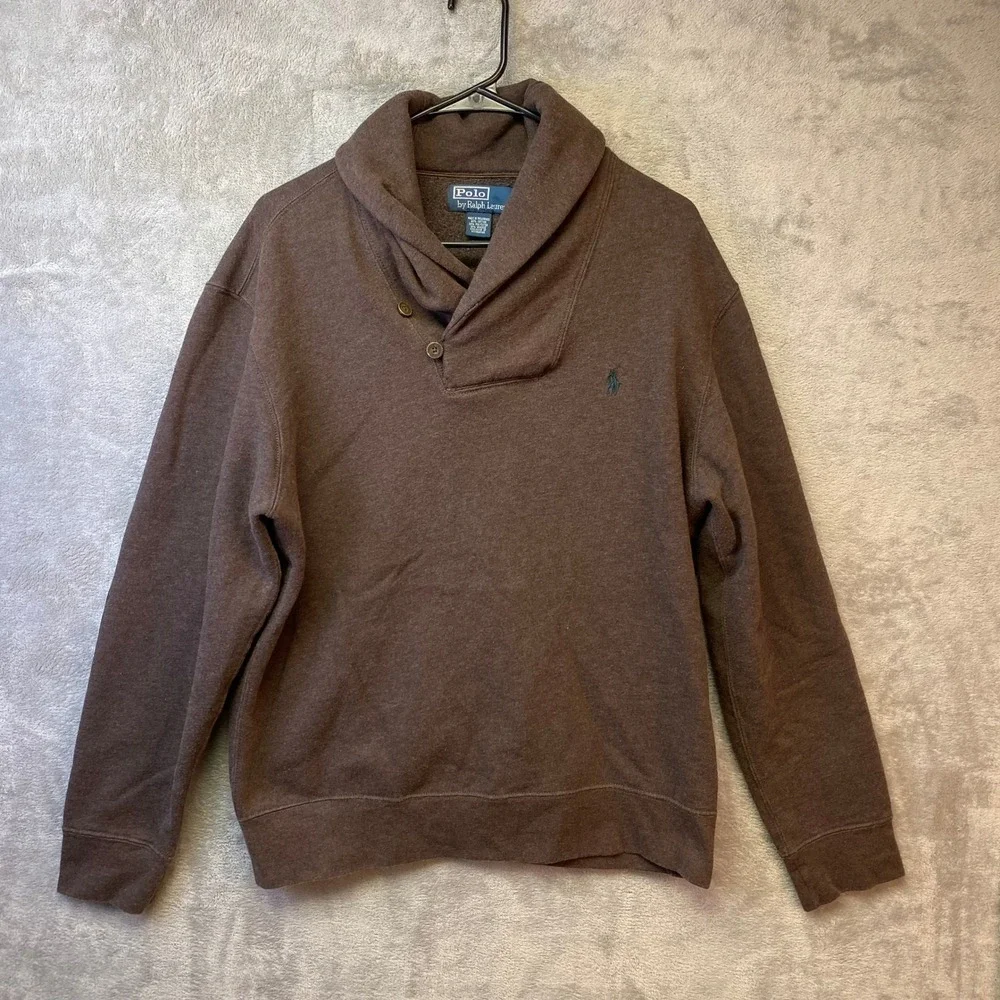 Polo Ralph Lauren Mens Brown Shawl Collar Sweatshirt Suede Elbow Patches Large